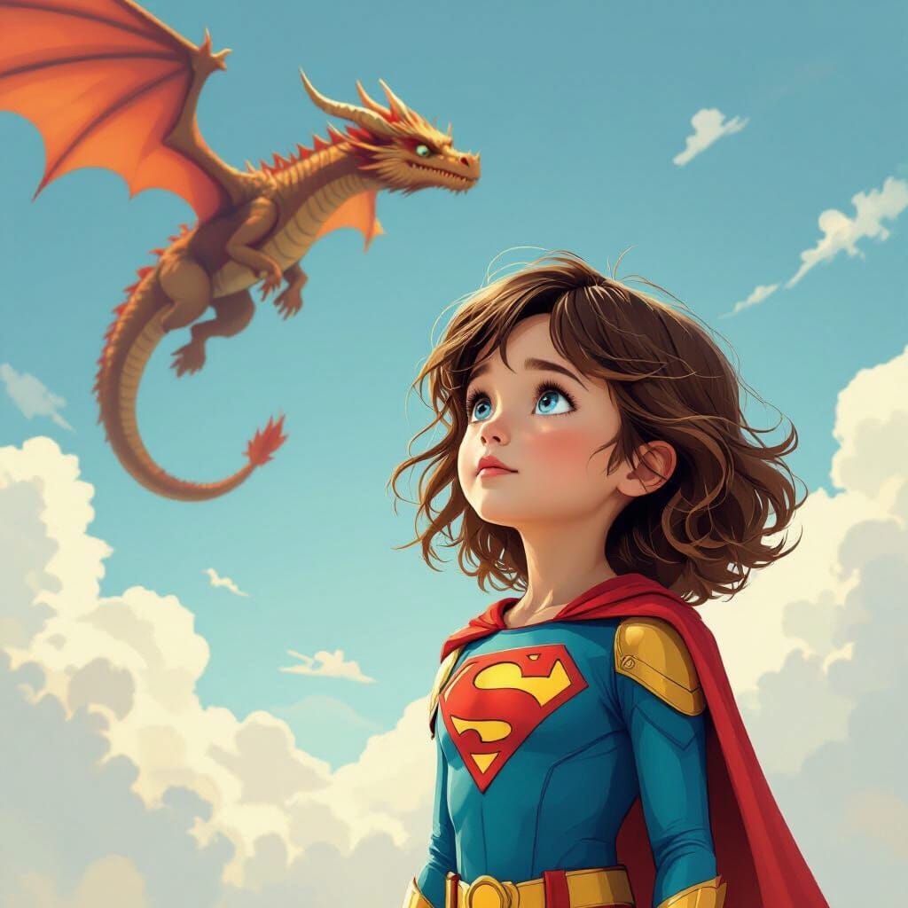Girl Superhero Gazes at Dragon: Digital Art