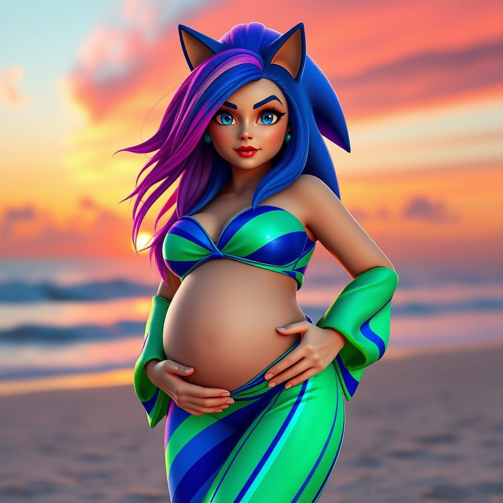 Confident Curvy Sonic the Hedgehog Goddess on Vibrant Beach