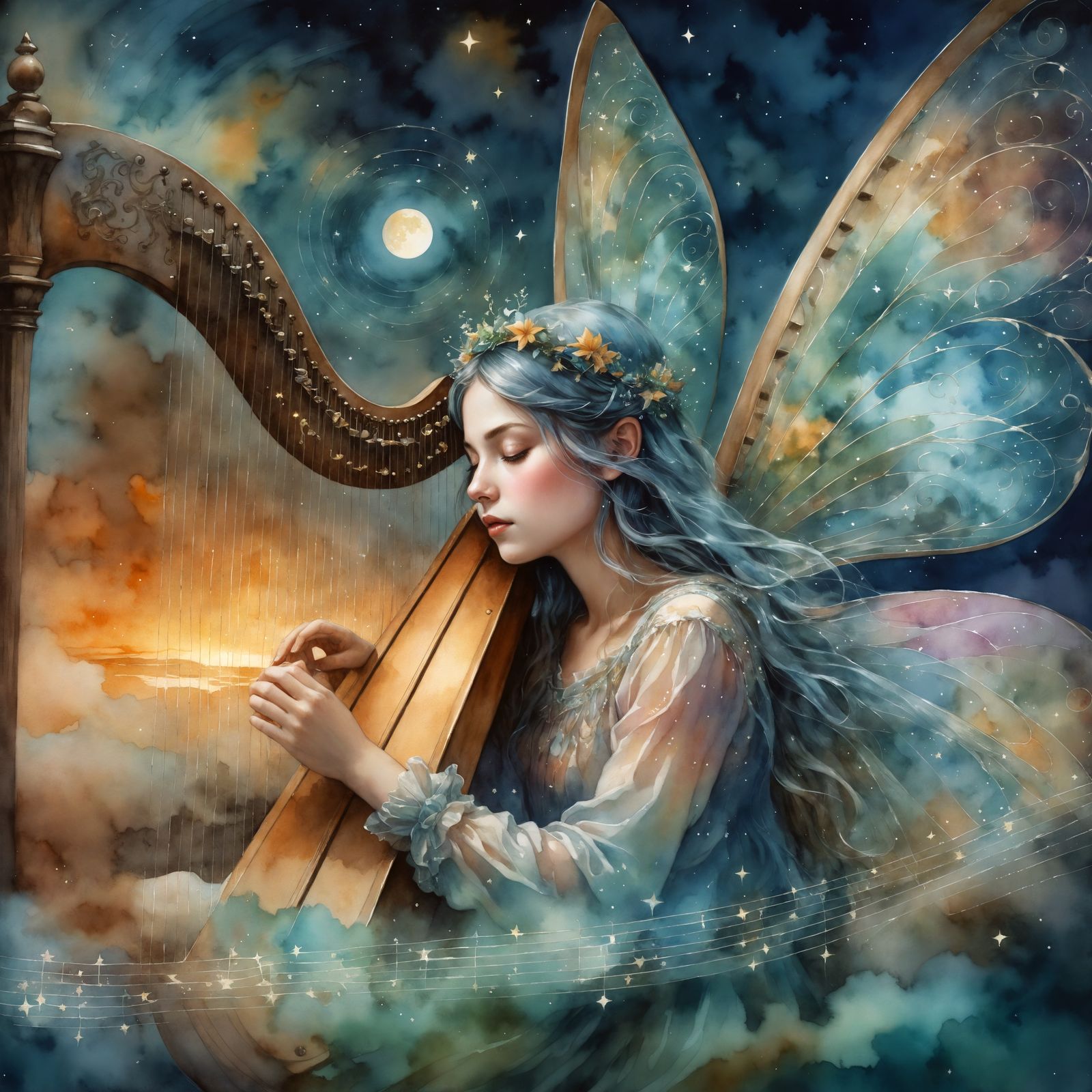 Dreaming Fairy Musician in Enchanted Watercolor Landscape