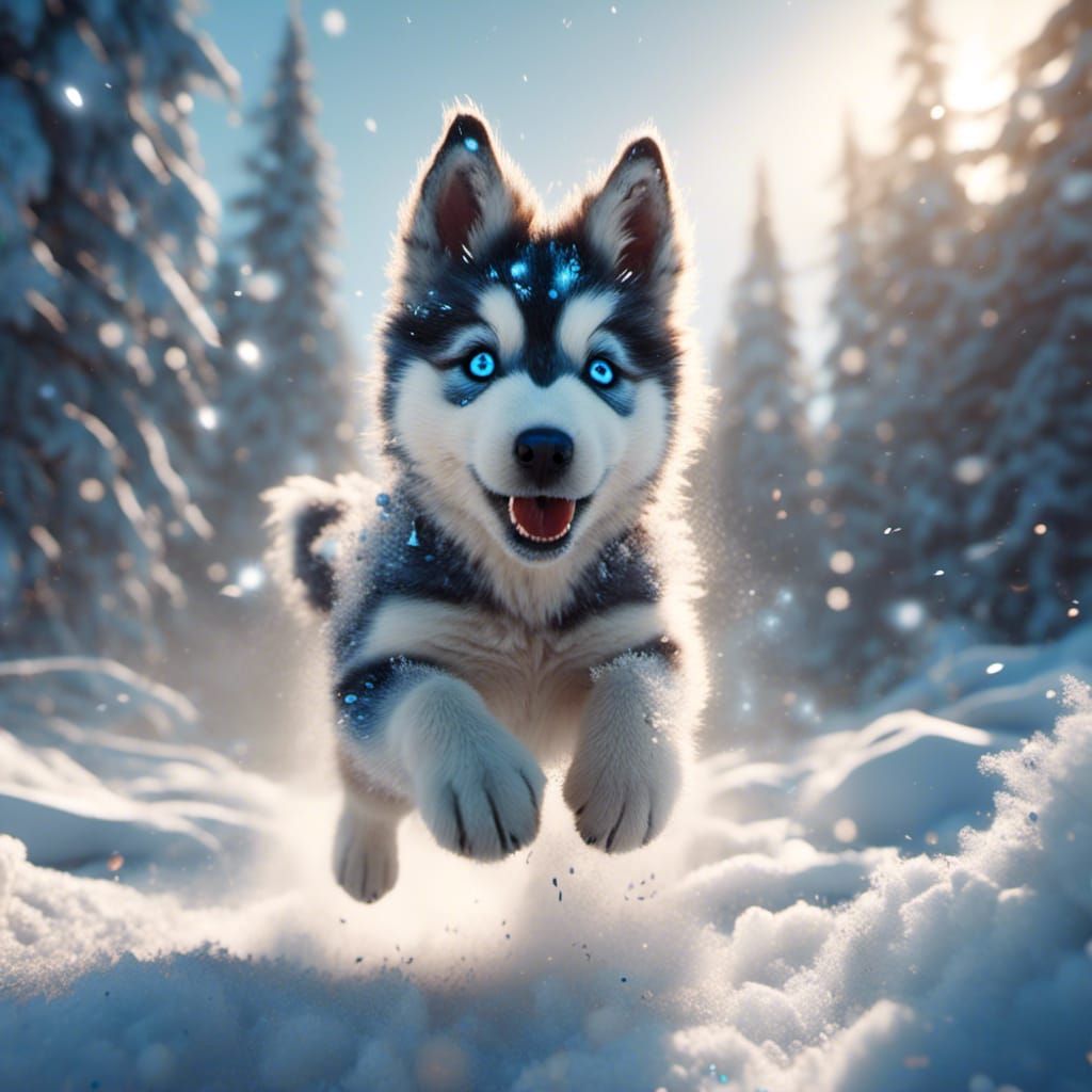 Husky Puppy Playing in Snow: Hyperrealism Art