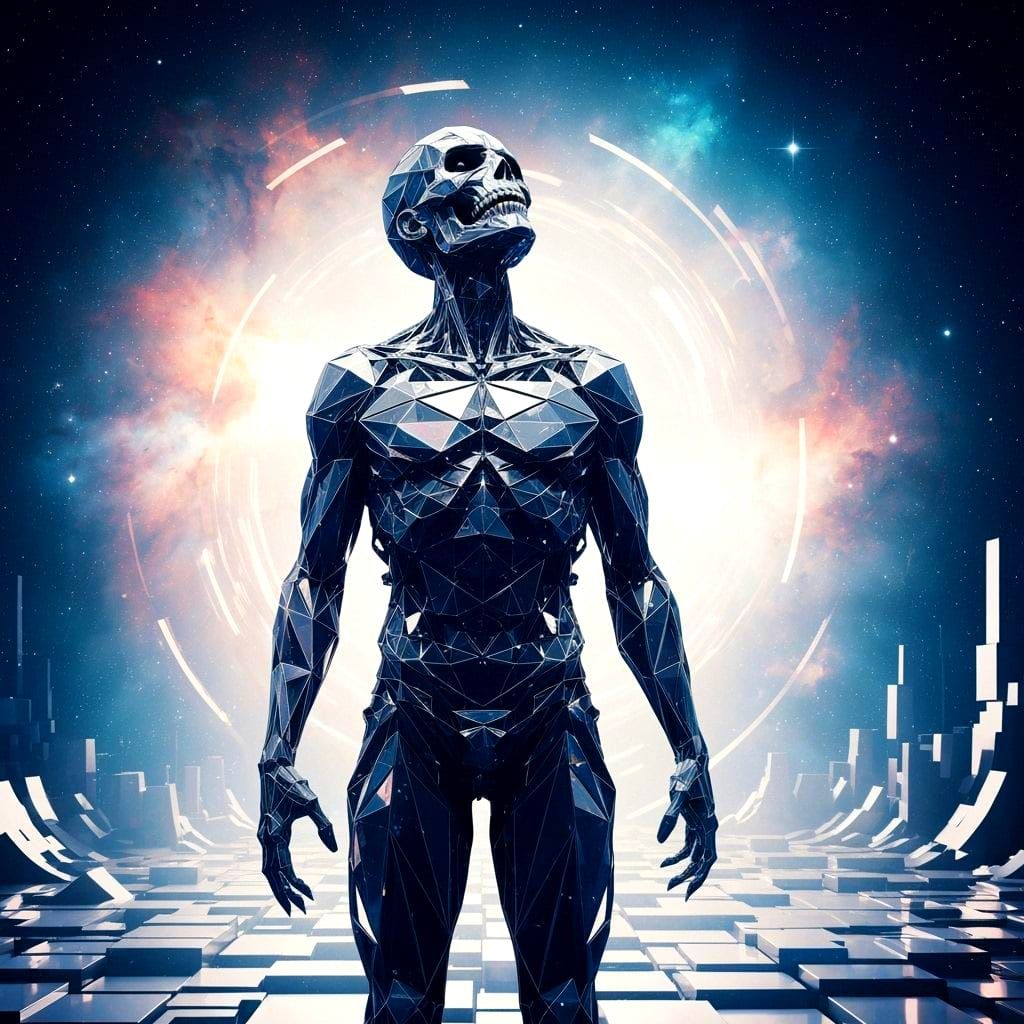 Geometric Figure in Cyberpunk Cubist Landscape