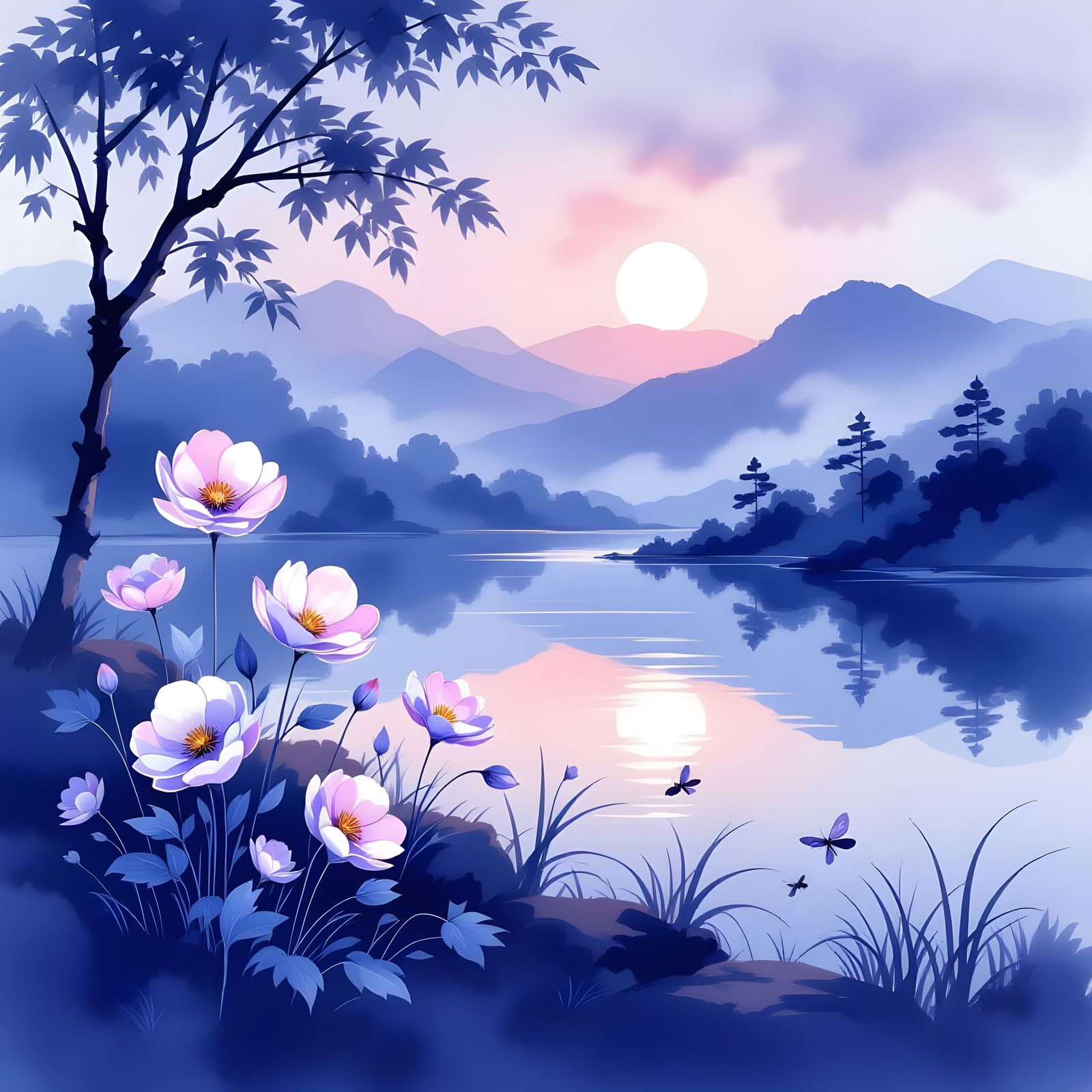 Serene Twilight Garden with Glass Sculptures by Lake