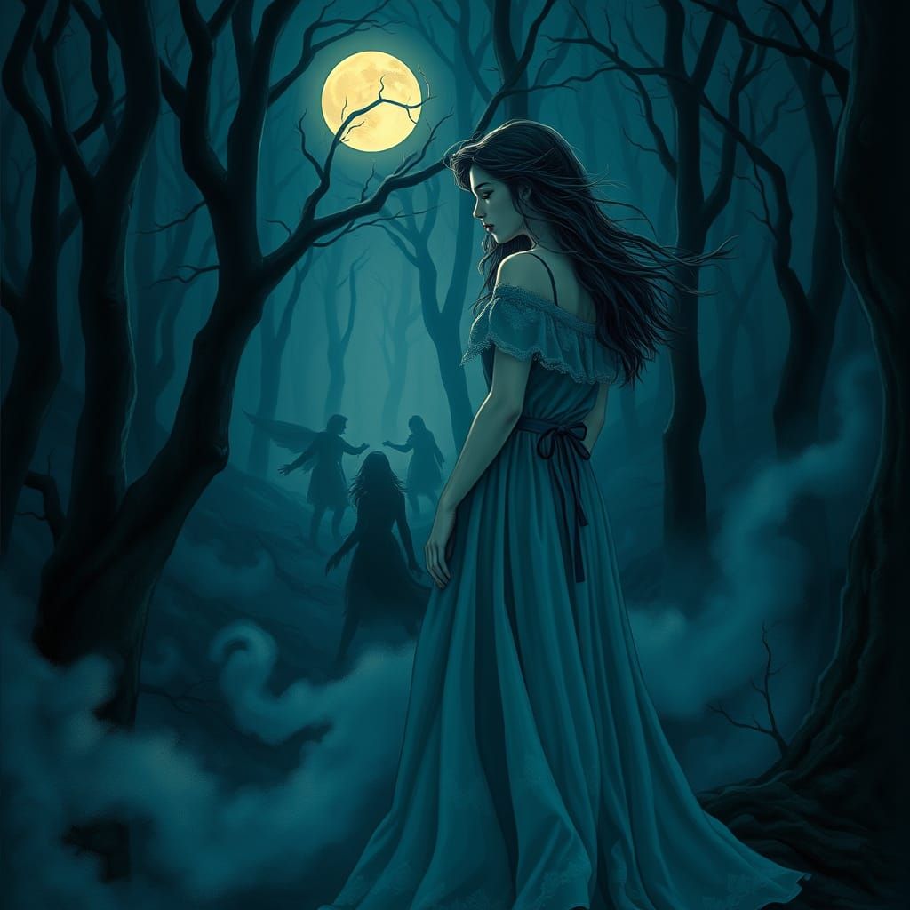 Mysterious Woman Stands at Forest's Edge, Moonlit and Bewild...