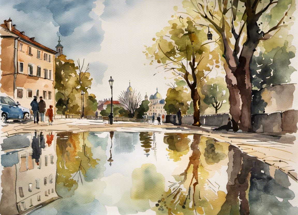 Ruzica Church Reflected, Watercolor in Djukic Style