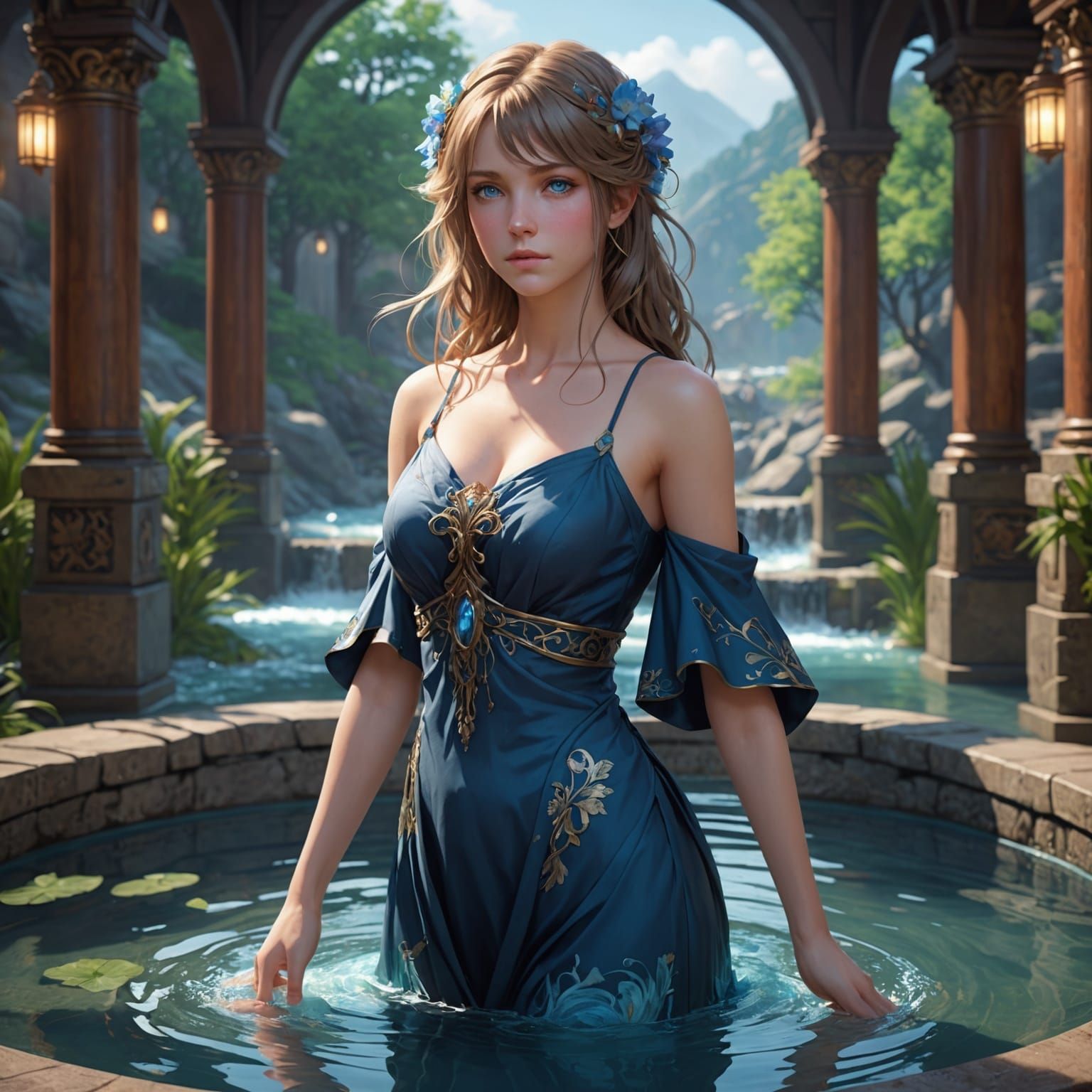 Anime Girl in Hot Springs, Art Nouveau Style