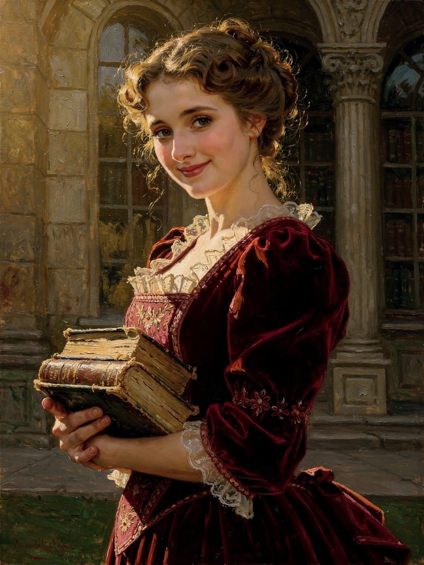 Victorian Woman in Red Velvet Dress Outside Library