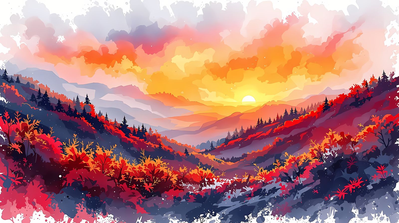 Vibrant Autumn Landscape in Dynamic Watercolor