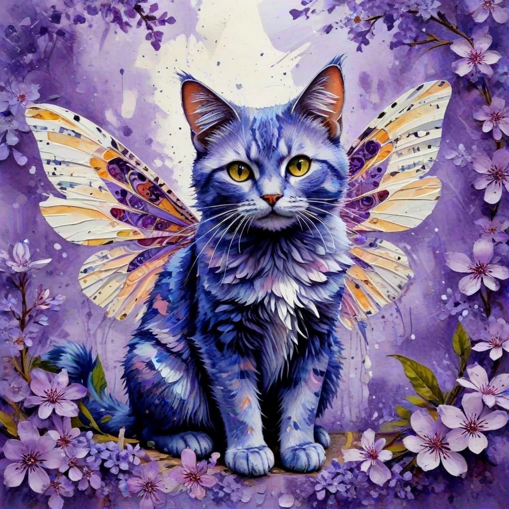 Whimsical Watercolor Fairy Cat on Lilac Blossoms