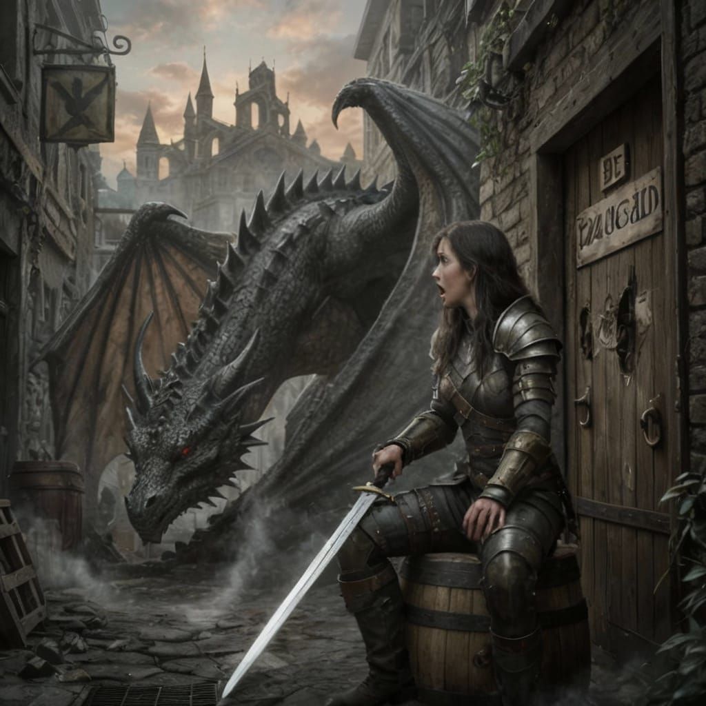Warrior Beside Sleeping Dragon in Dark Alleyway