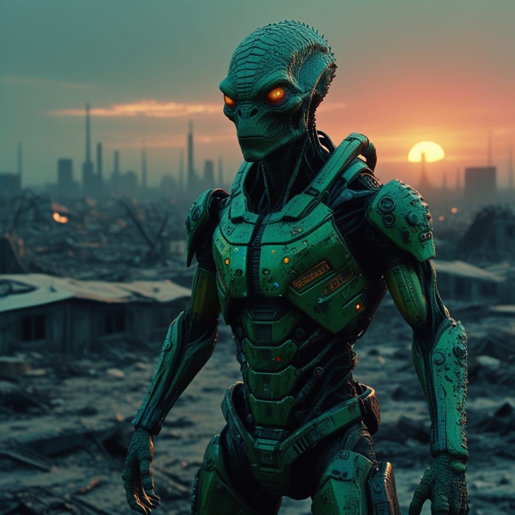 Jewel-Cybernetic Reptilian Alien in Post-Apocalyptic Wastela...