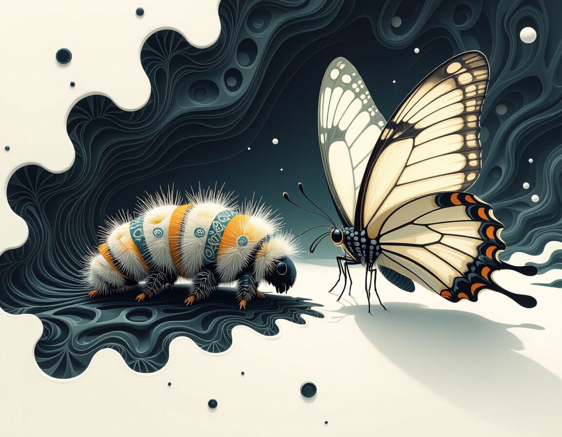 Caterpillar Transforms into Butterfly on Canvas