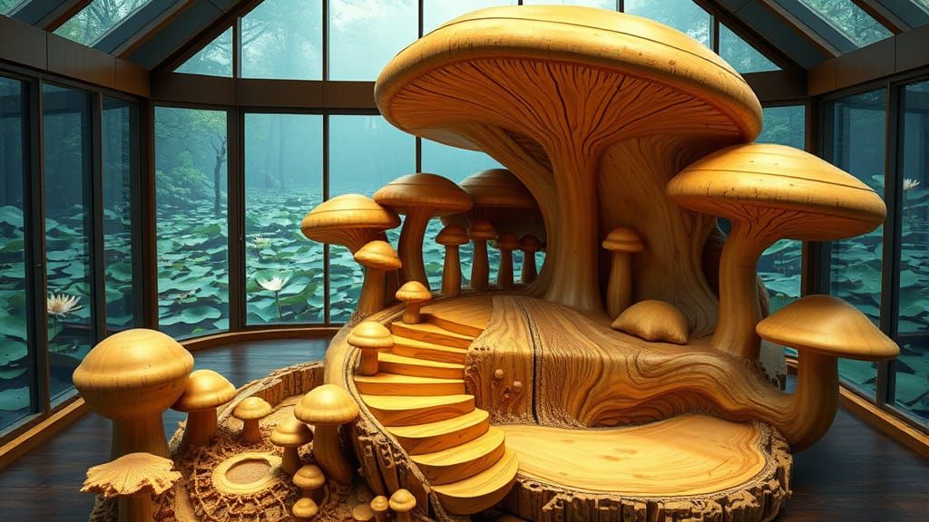 Surreal Wooden Bed Inspired by Amanita Muscaria Mushrooms, O...