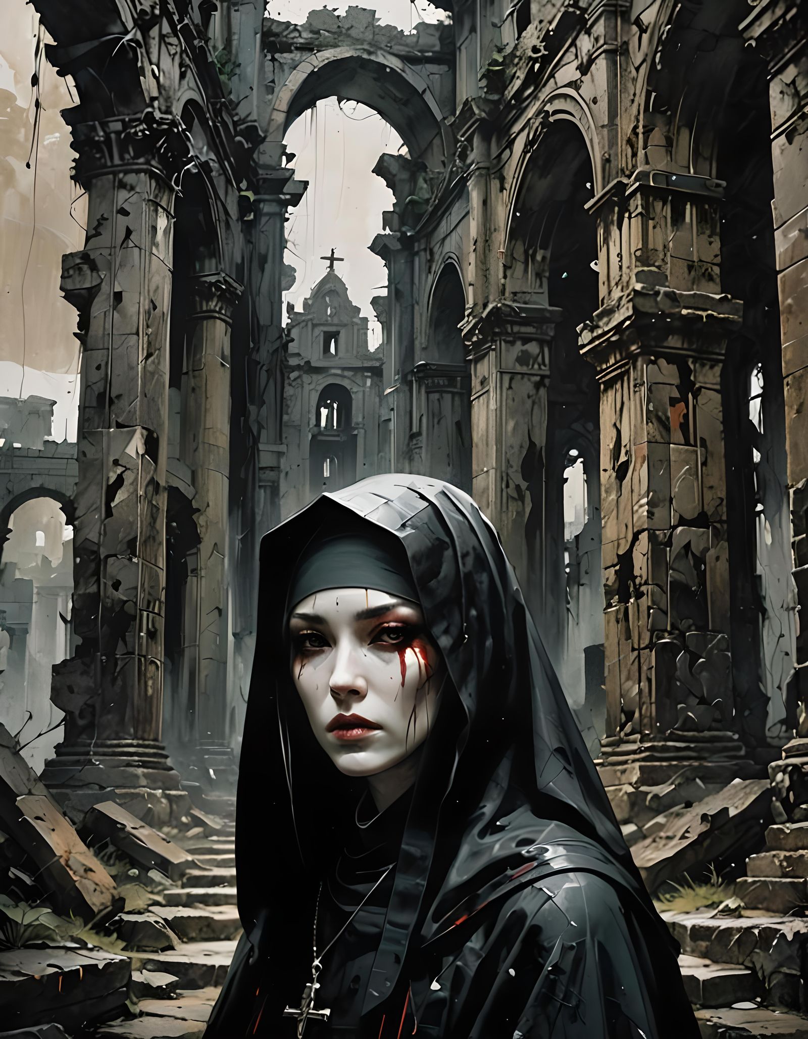 Nun in Shadowy Ruins: Atmospheric Acrylic Art