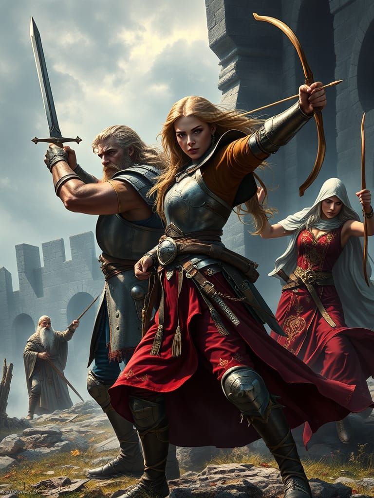 Epic Fantasy Battle Scene, Heroic Warrior in Leather Armor