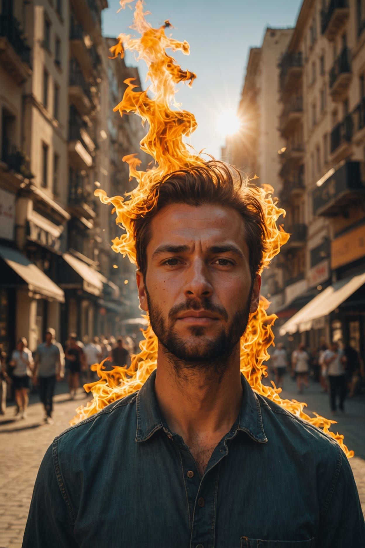 Man Self-Ignited in Fiery Cityscape
