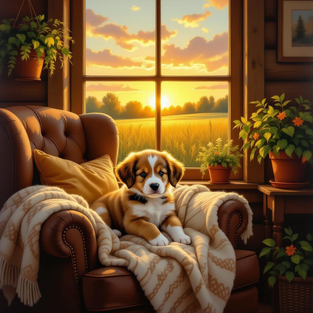Cozy Cabin Scene: Puppy in Armchair with Golden Sunlight