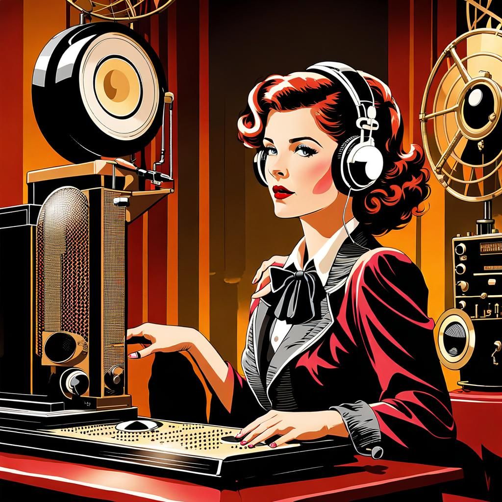 Retro-Steampunk Radio Host in 1930s Studio