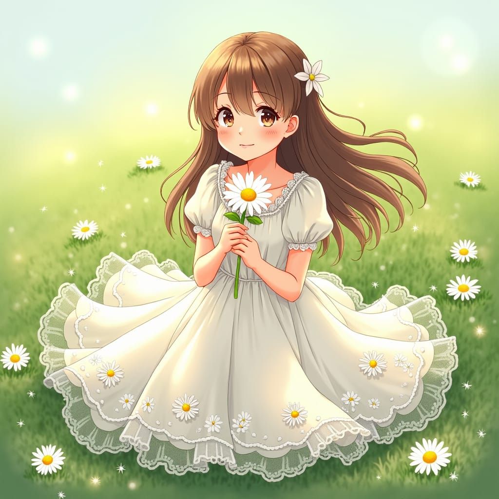 Anime Girl in Daisies and Diamonds Meadow