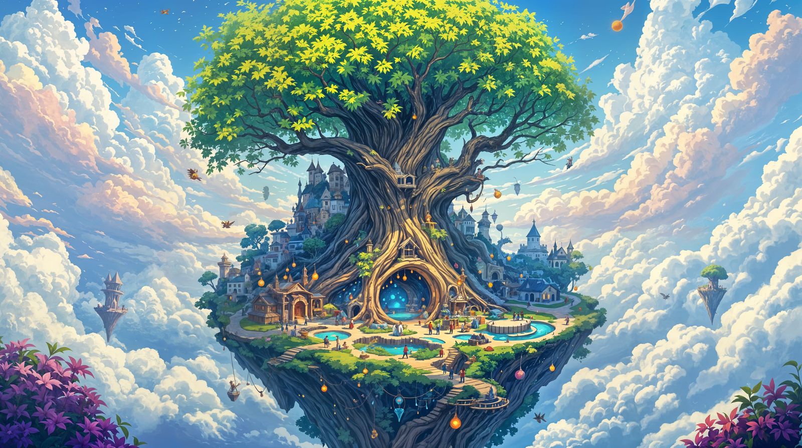 Ethereal Floating City Built Around a Majestic Ancient Tree ...