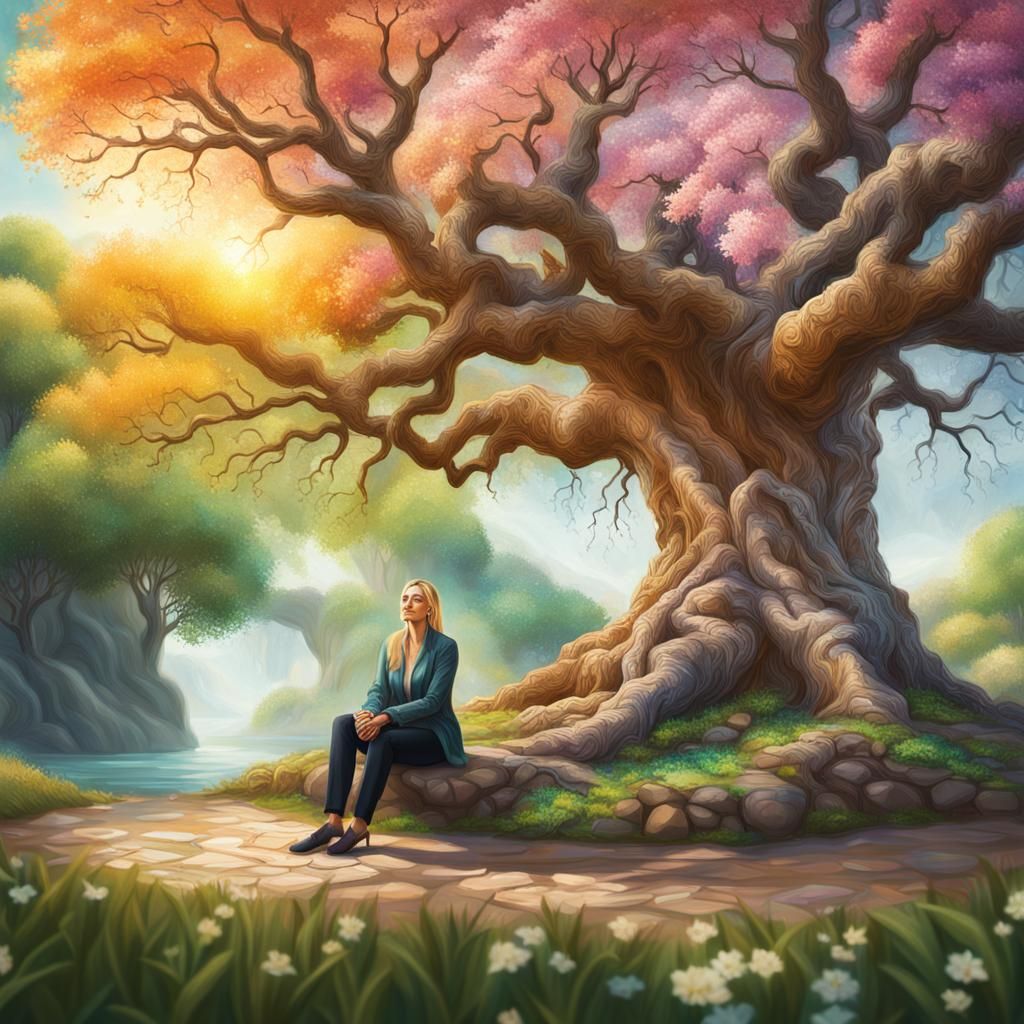 Spiritual Coach Before Tree of Life: Hyperrealistic Art