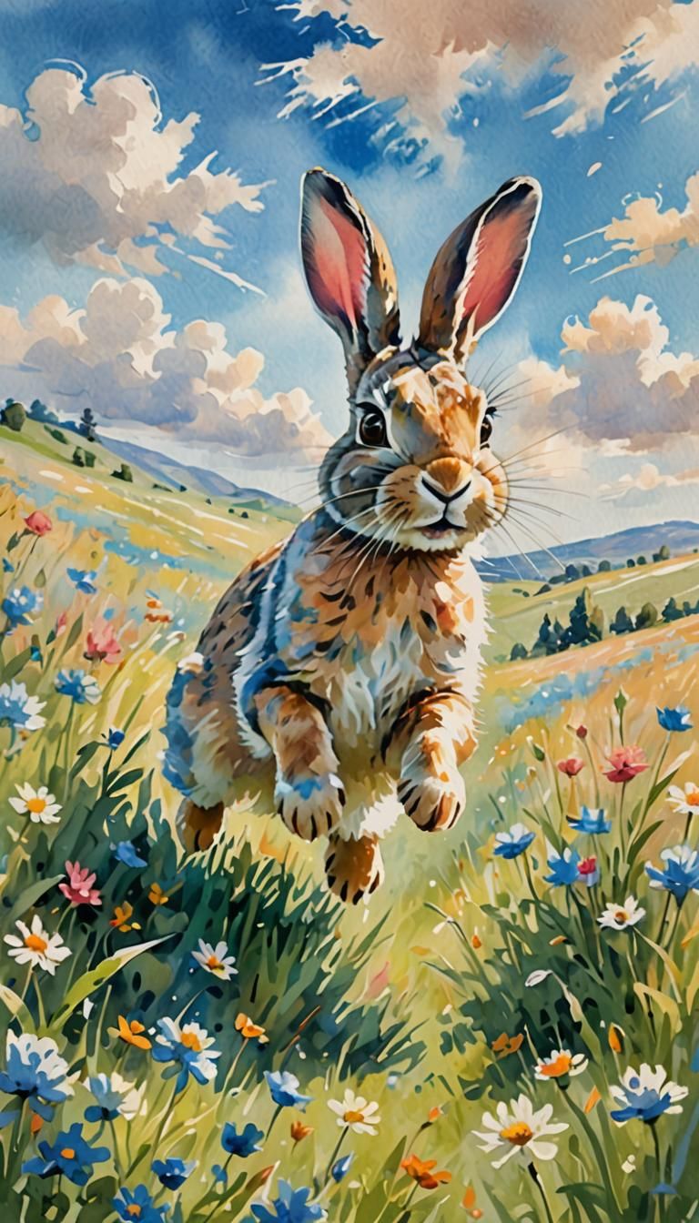Playful Rabbit Hopping in Meadow as Watercolor