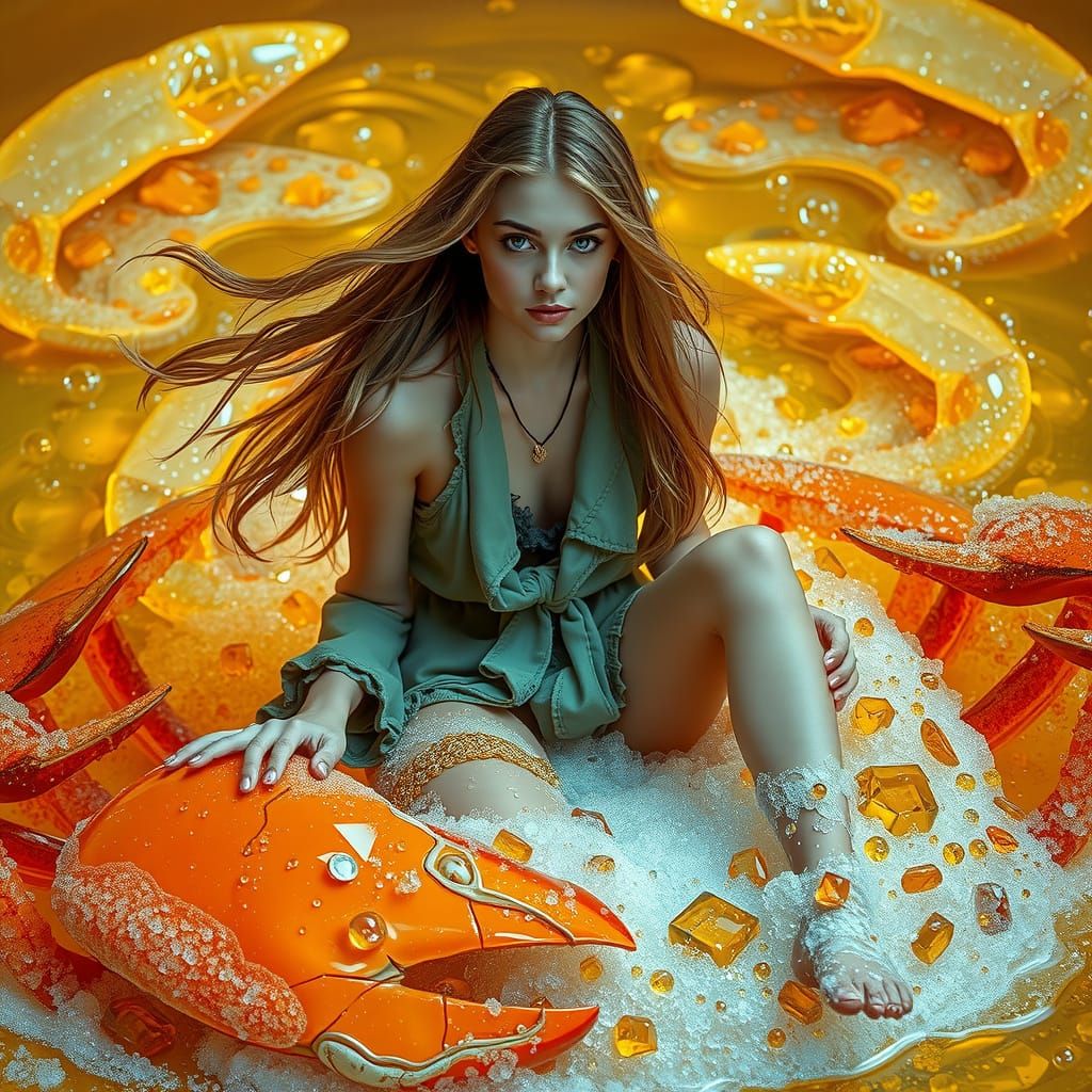 Bohemian Woman on Gummy Crab in Effervescent Sea