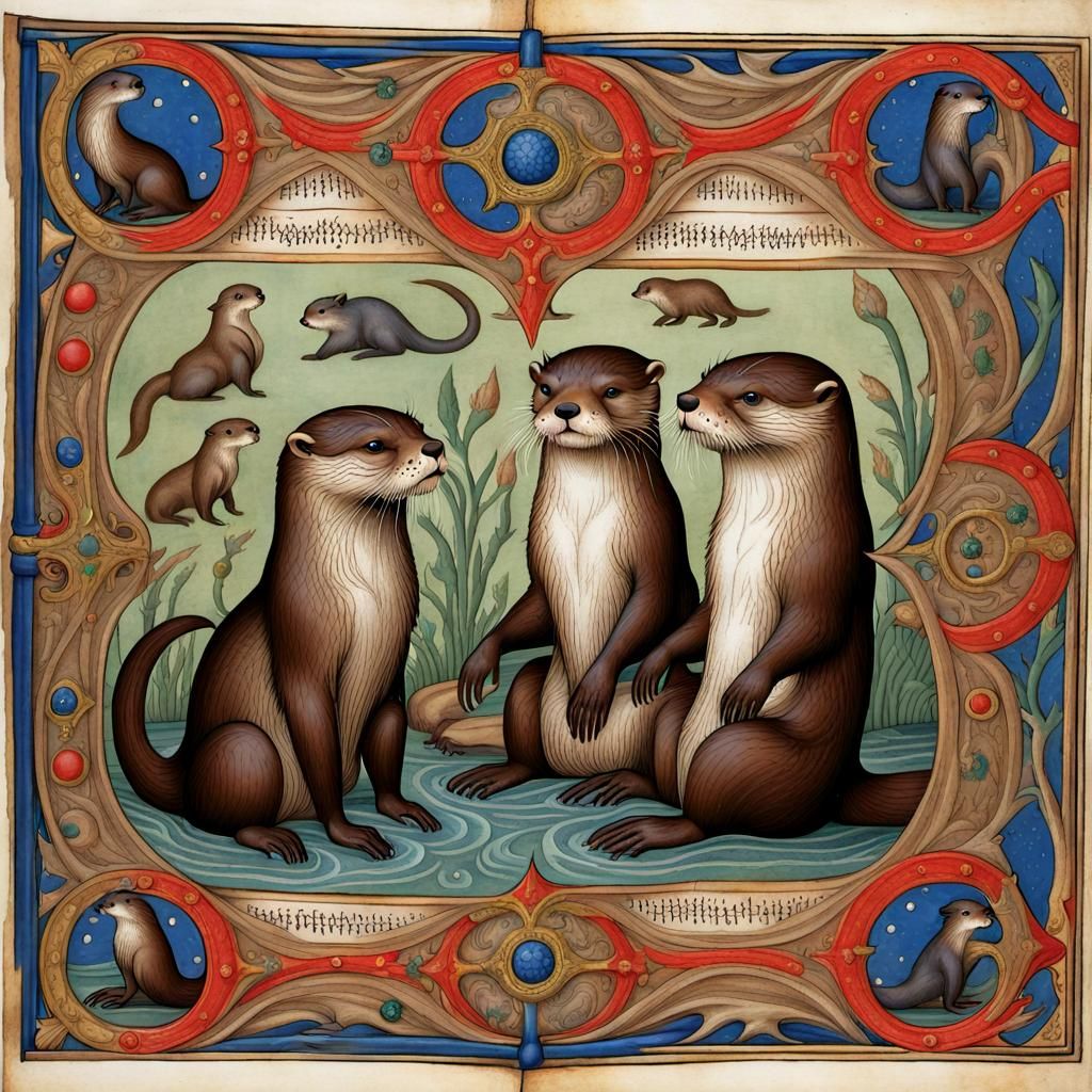 Medieval Bestiary: Intricate Otter Manuscript Illustration
