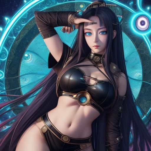 young woman is handling tarot cards, (captive look eyes at us:1.7), (like she's hypnotizing us:1.7), by artist "anime", ...