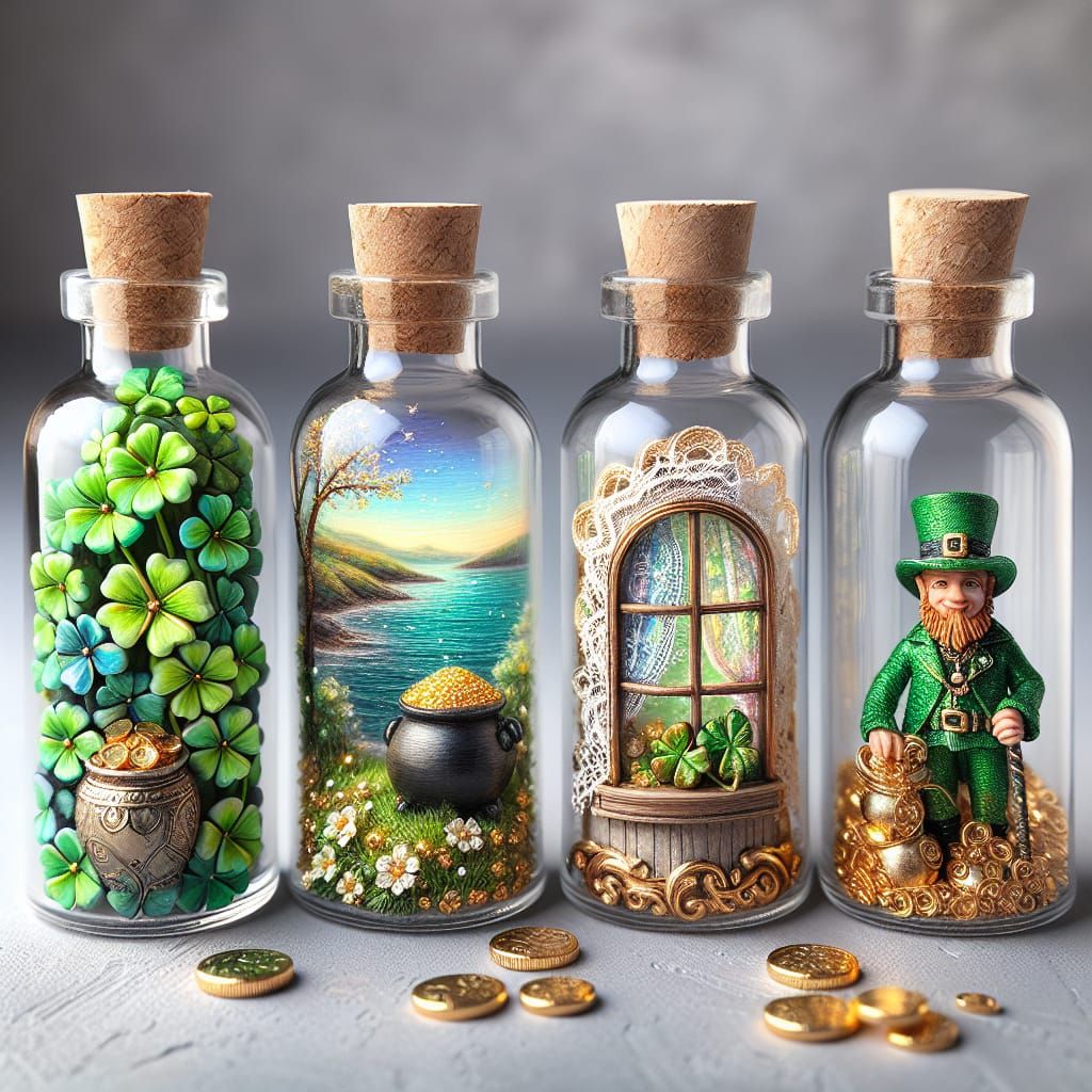 Bottles Filled with Shamrock, Leprechaun, Sea, and Gold
