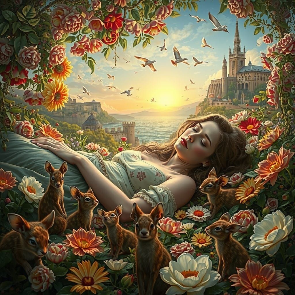 A Dreaming Pre-Raphaelite Woman in a Garden Paradise