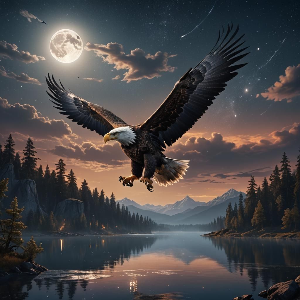 Majestic Eagle Soaring Over Moonlit Lake