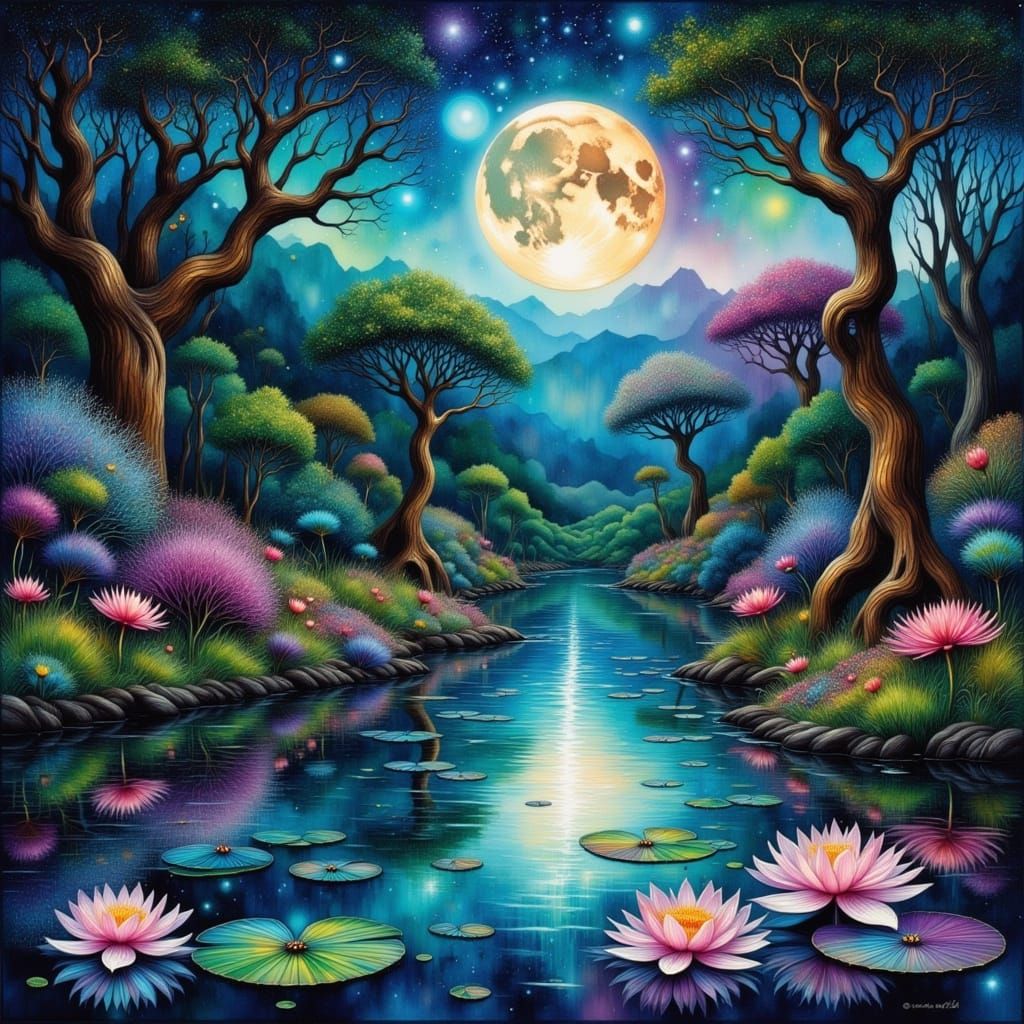 Enchanted Forest at Dusk in Dreamlike Watercolor Oil Paint S...