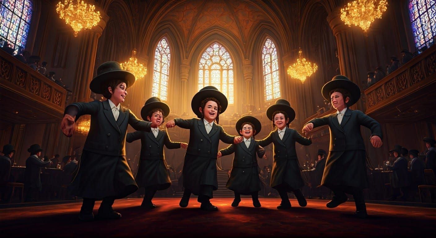 Joyful Hasidic Boys Dancing in Ornate Wedding Hall