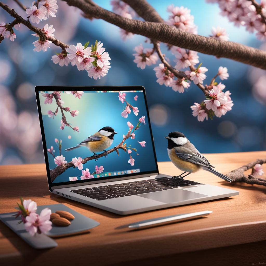 Chickadee on MacBook with Almond Blossoms