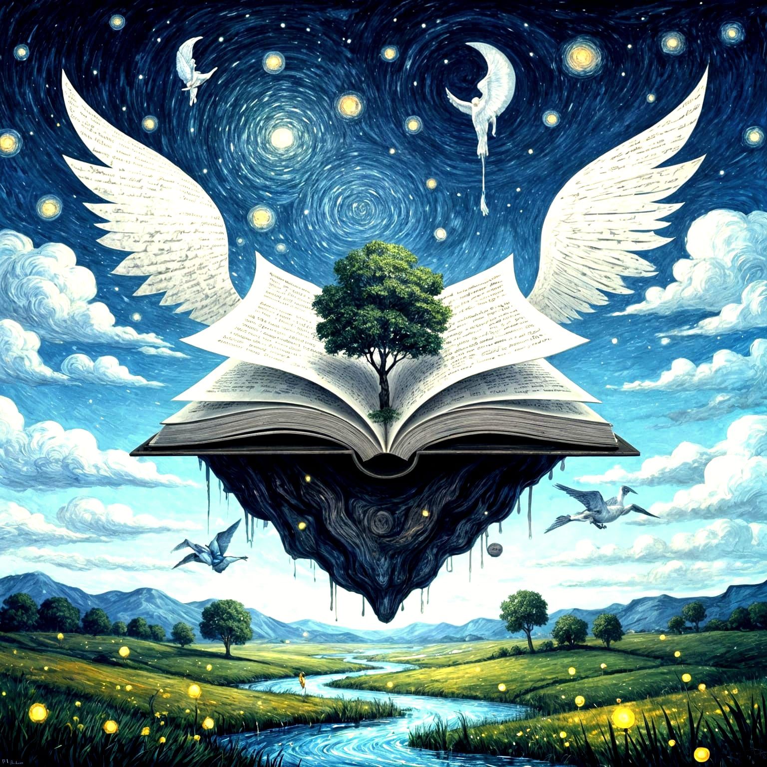 Surreal Floating Book Island with Van Gogh Style