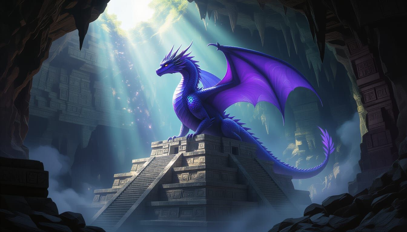 Amethyst Dragon Perched Atop Mayan Pyramid