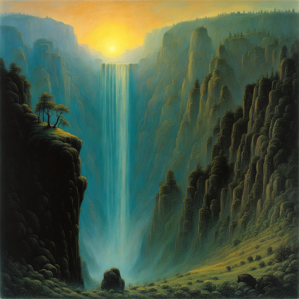 Foggy Valley Waterfall at Sunrise: Gothic Horror Art
