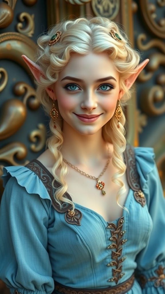 Female elf from the modern era with pale skin and smiling with a beautiful face and long curly hair and wearing a cornfl...