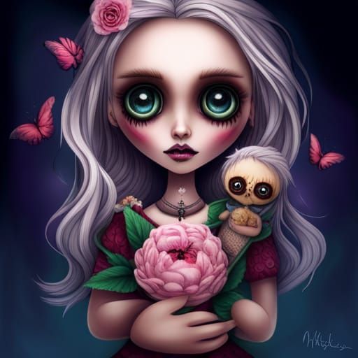 Gothic Doll with Voodoo Doll, Hyperrealistic Art