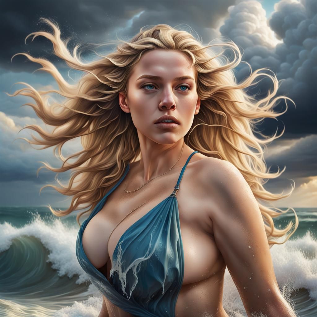 Stormy Sea Birth: Hyperrealistic Woman Emerges
