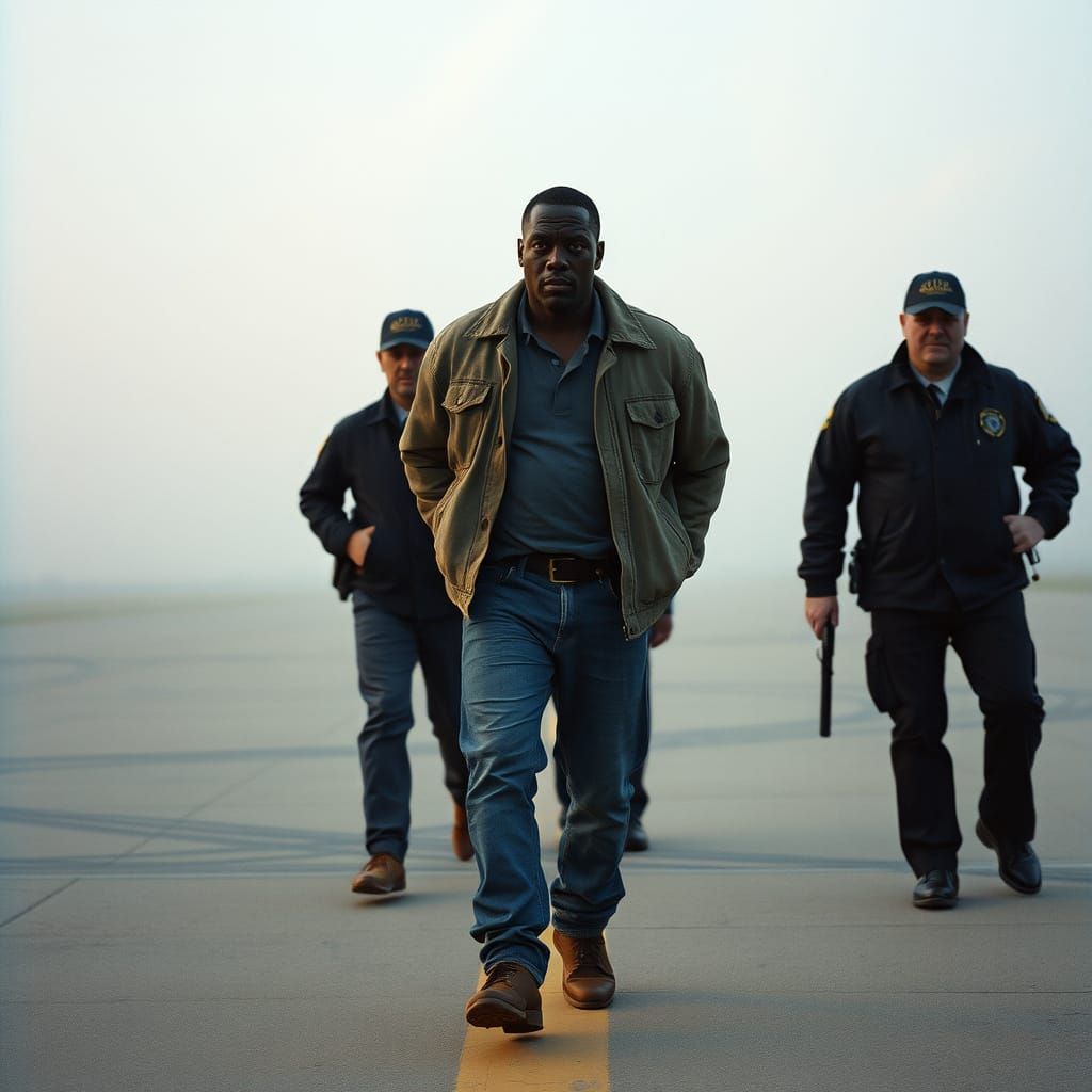 Atmospheric Airport Scene: Congolese Man Escorted by Police