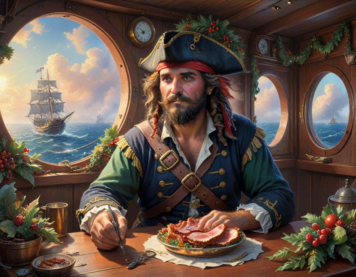 Pirate Feasting on Bacon in Ship Cabin, Ethereal Watercolour...