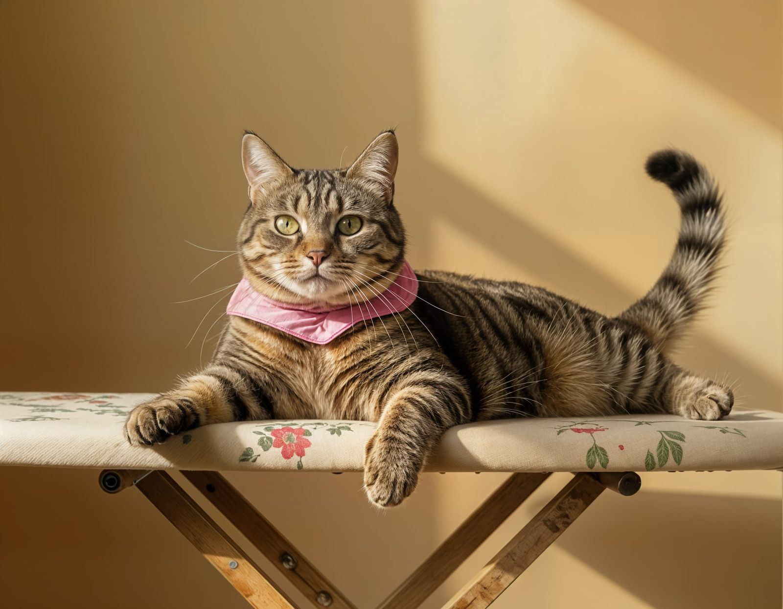 Chubby Tabby Cat Stretching in Golden Light