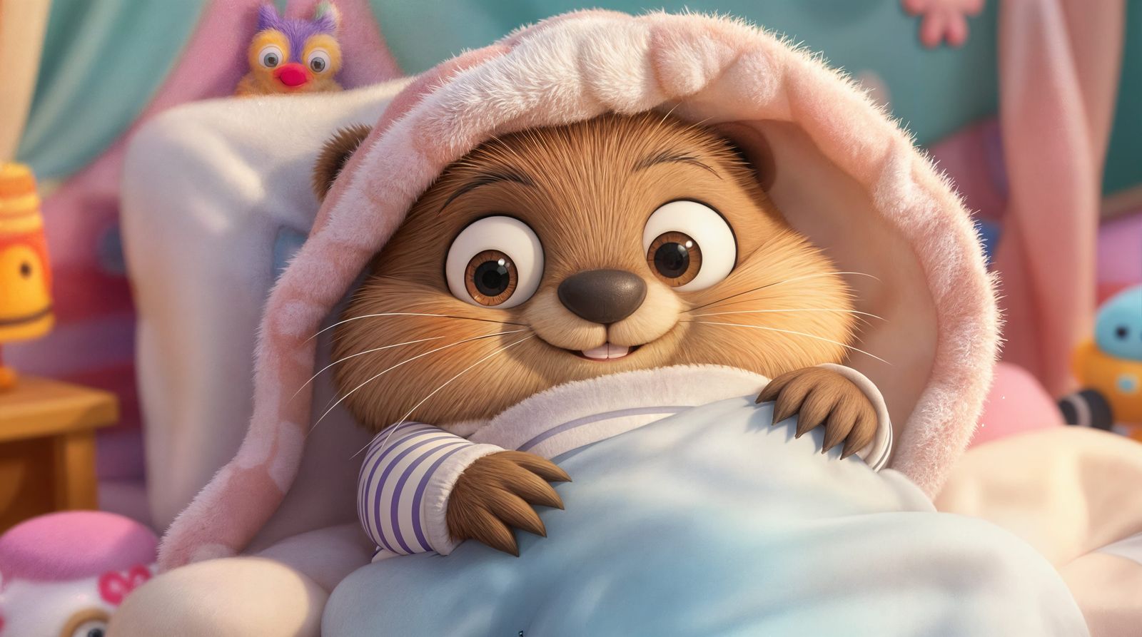Happy Big-Eyed Beaver Lays in Bed, Surrounded by Cozy Bedroo...