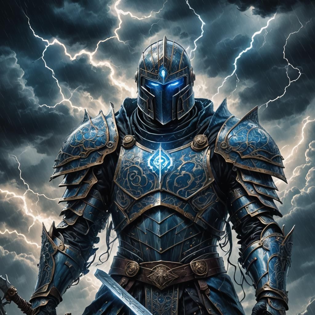 Medieval Knight in Magneto Armor Amidst Stormy Clouds