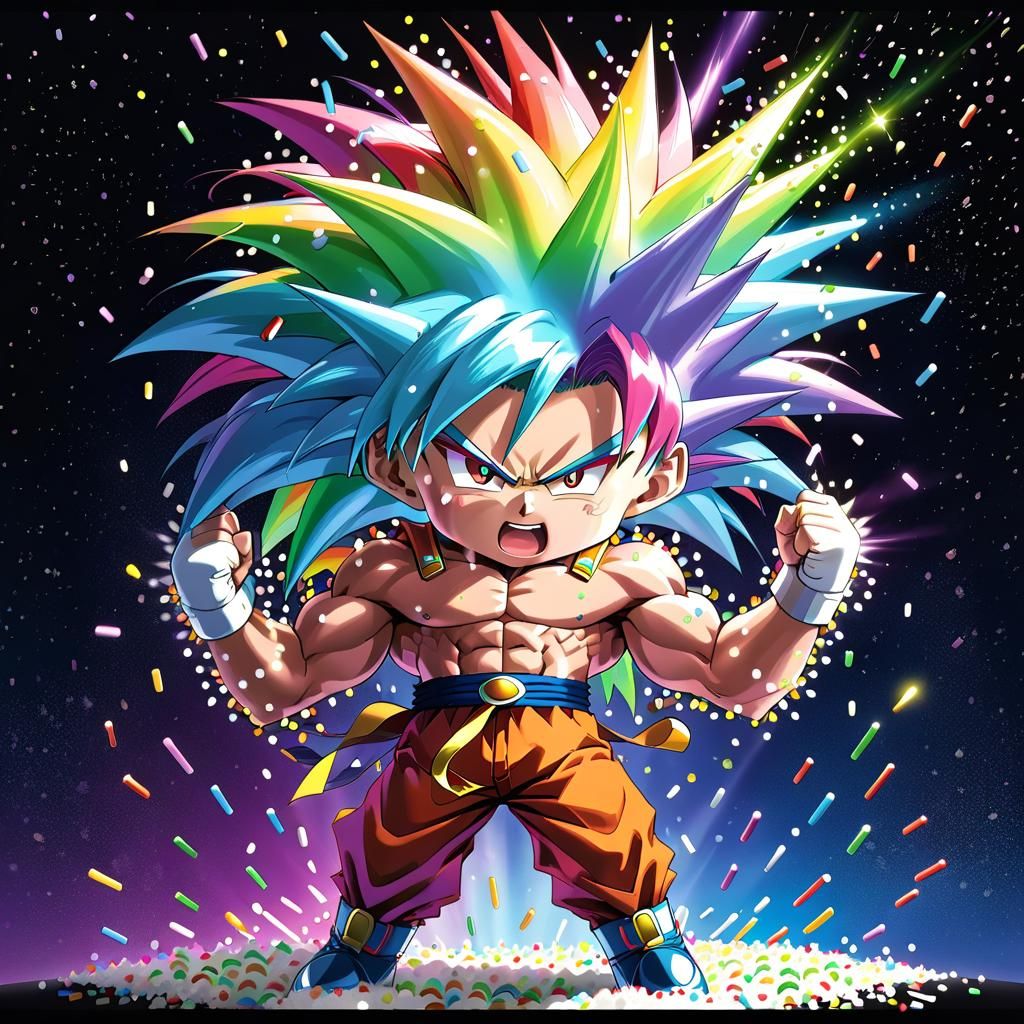 God-Sayan with Rainbow Hair and Sprinkles, Anime Style