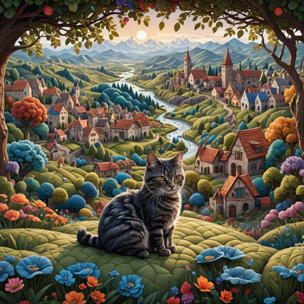 Quilted Landscape with Cat: Detailed Matte Painting