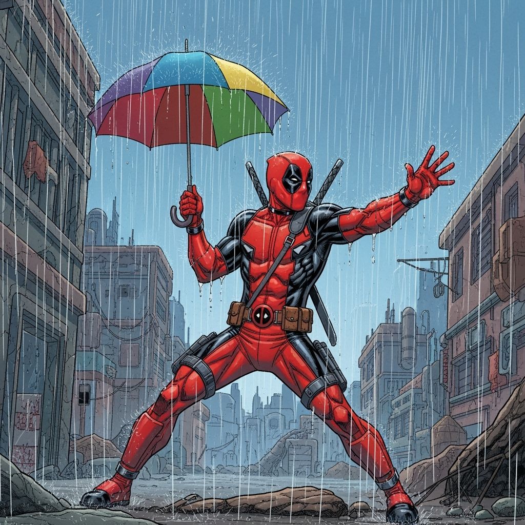 Deadpool in Rainy City with Umbrella, Comic Book Style