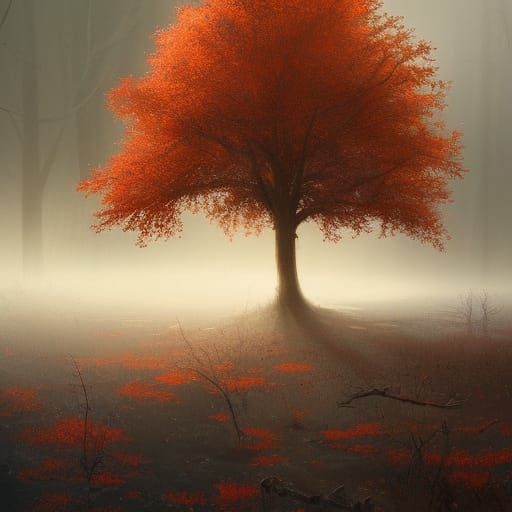 Autumnal Deer in Misty Forest, Dark Fantasy Art