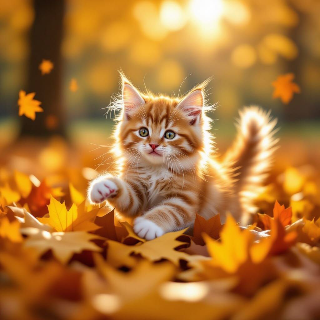 Adorable Kitten Playing in Autumn Leaves